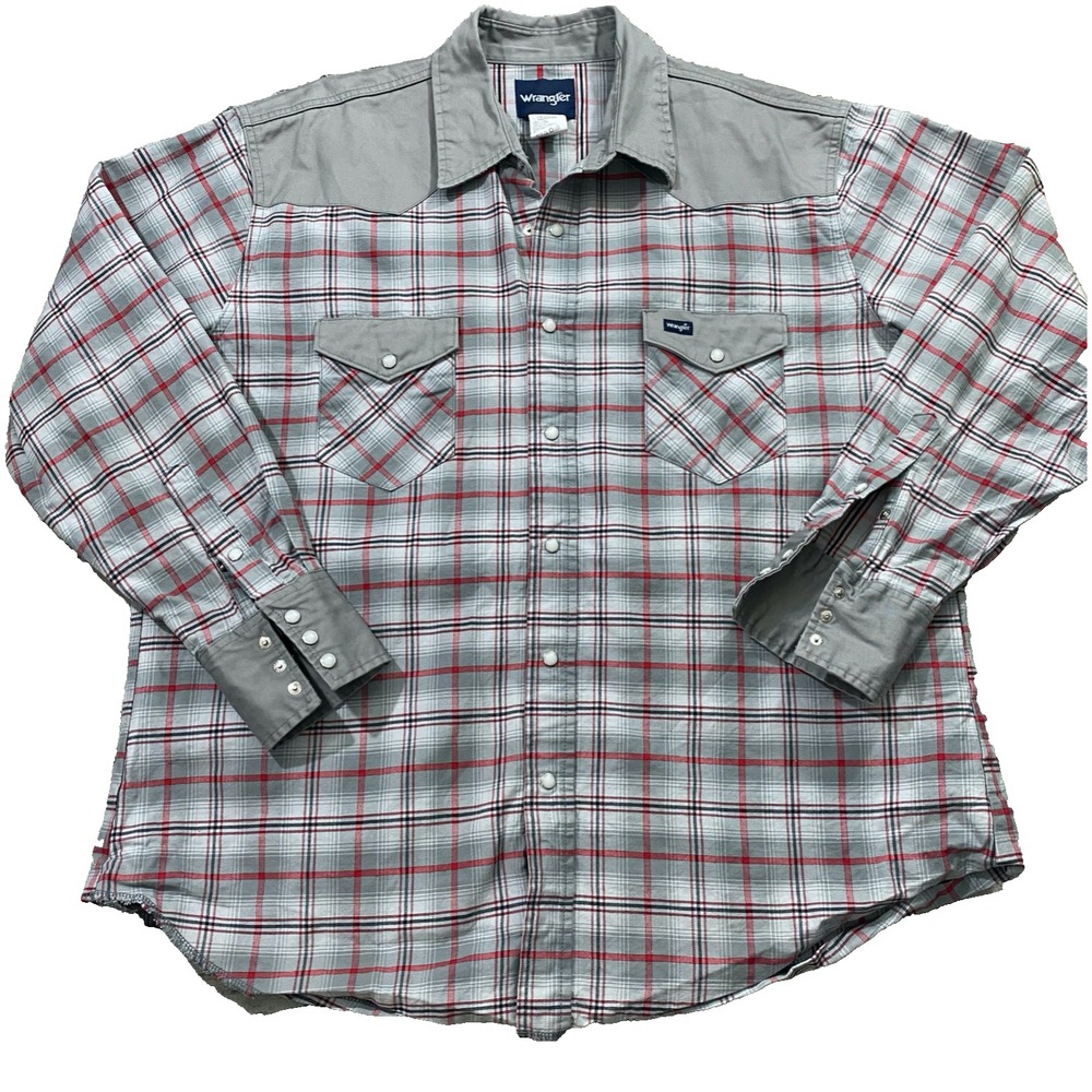 Wrangler Mens Plus 2X Pearl Snap Colorblock Western Plaid‎ Canvas Heavy Shirt